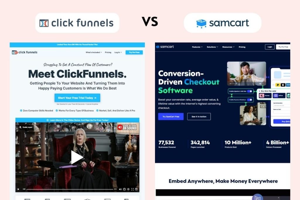 ClickFunnels vs Samcart homepage