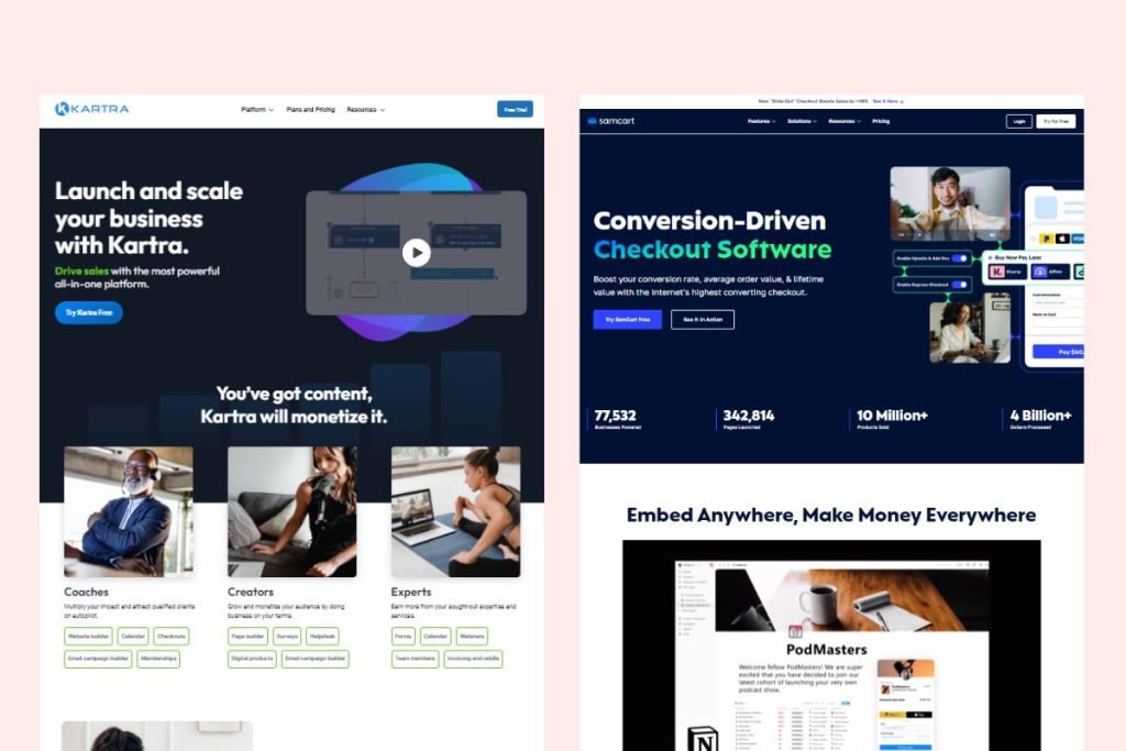Kartra vs Samcart Homepage Comparison