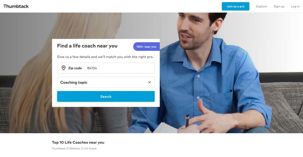 Thumbtack website - Life Coach Directory