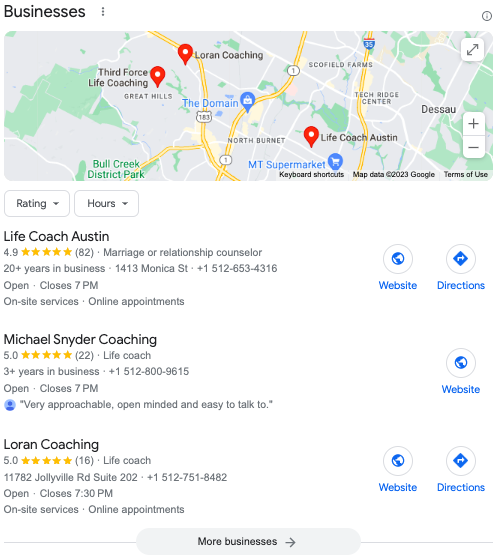 search results for life coach showing google business profiles